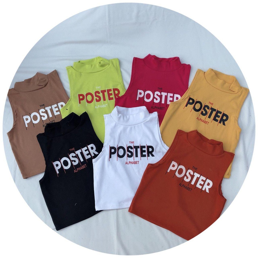 11413B1 Áo thun croptop sát nách cổ lọ in chữ Poster trẻ trung, có nhiều màu