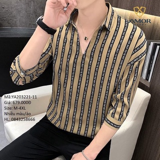 Áo sơ mi nam cổ v hoạ tiết sọc thanh lịch