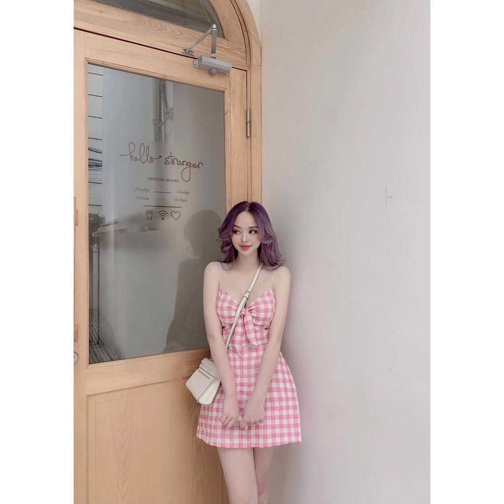 Đầm kate họa tiết caro hai dây thắt nơ trước ngực sexy TTSA0315