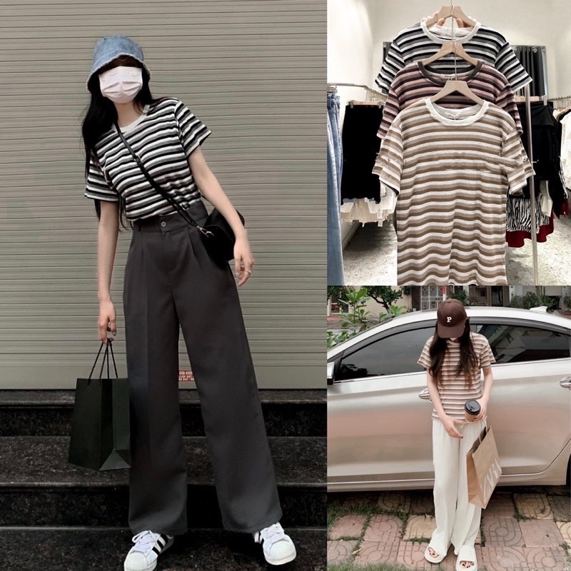 Áo thun kẻ ngang cộc tay( Ảnh thật)