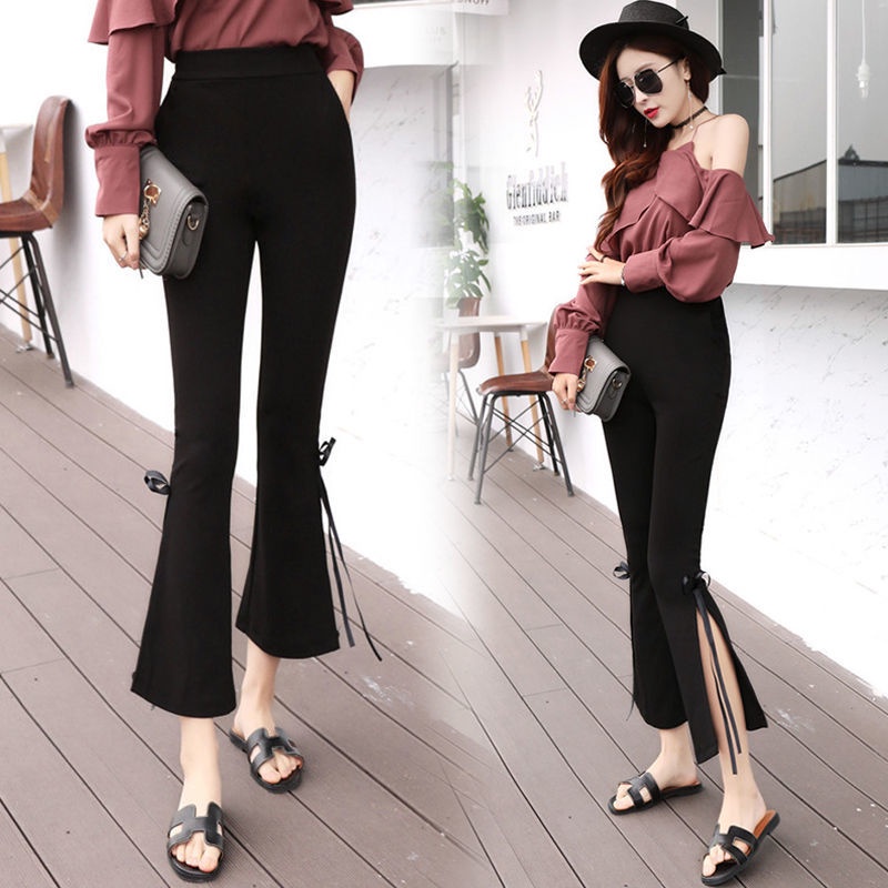 Quần dài ống loe lưng thun phối ren thời trang cho nữ