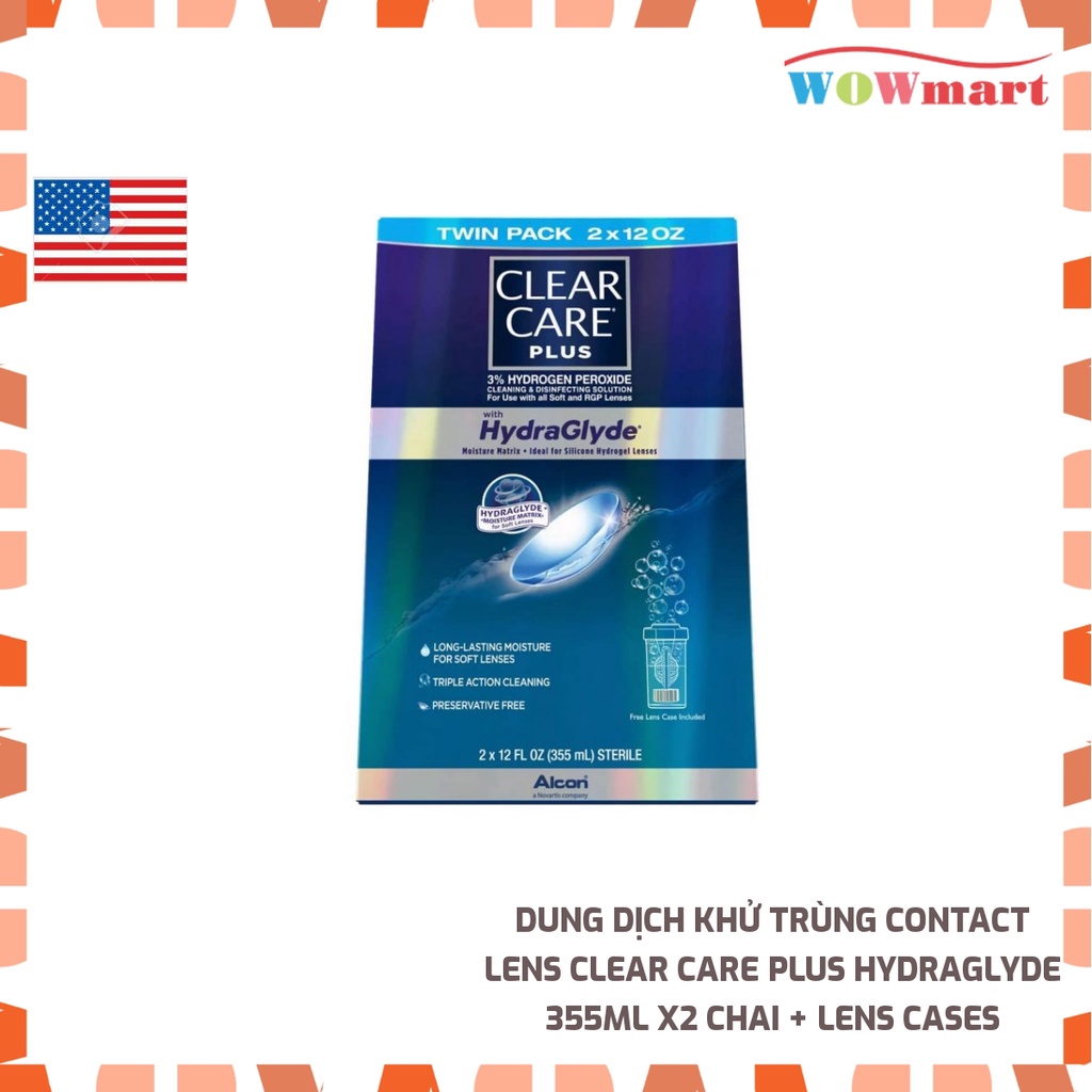 Dung dịch khử trùng contact lens Clear Care Plus HydraGlyde 355ml x2 chai + Lens Cases