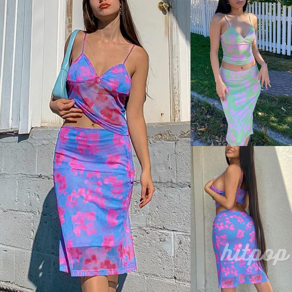 Hitpop-Women Summer 2 Pieces Outfits, Fashion Print Plaid V-Neck Sleeveless Camisole Sling Tank Tops + Midi Skirt Set