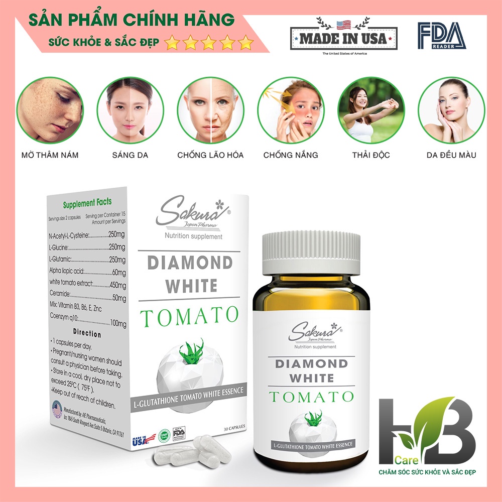 Viên uống trắng da đẹp da Diamond White Tomato chai 30 viên, Viên uống trắng da nhập khẩu từ Mỹ, FDA chứng nhận