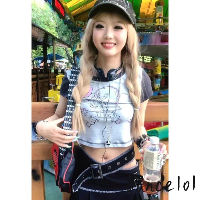 Áo Thun Tay Ngắn dance1o1-Áo Thun Nữ Mẫu Hoạt Hình Kawaii 2000s