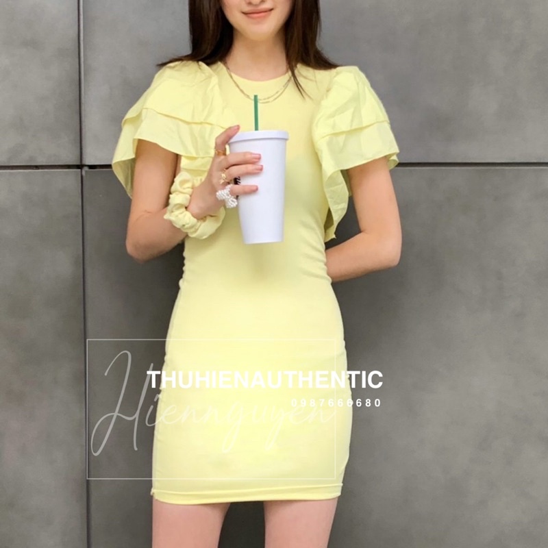 Váy body tay bèo lớn màu vàng nhạt ZARA chính hãng