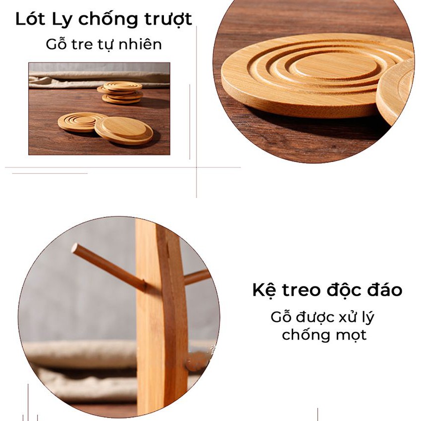 Bộ ấm chum cốc sứ Xanh viền vàng kèm khay gỗ treo phong cách Bắc Âu 20 món -Có Sẵn