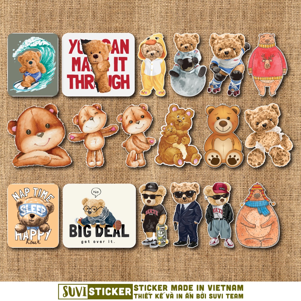 50 Sticker Teddy Bear chống nước sticker dán mũ bảo hiểm, laptop, điện thoại, đàn guitar, vali. MSP: NS10