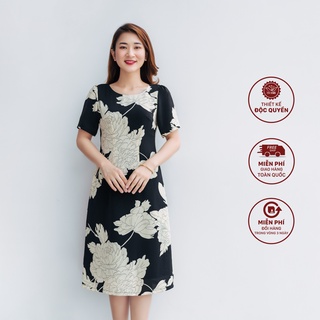 Đầm thiết kế cao cấp dành cho trung niên form suông đen hoa kem TTV1060