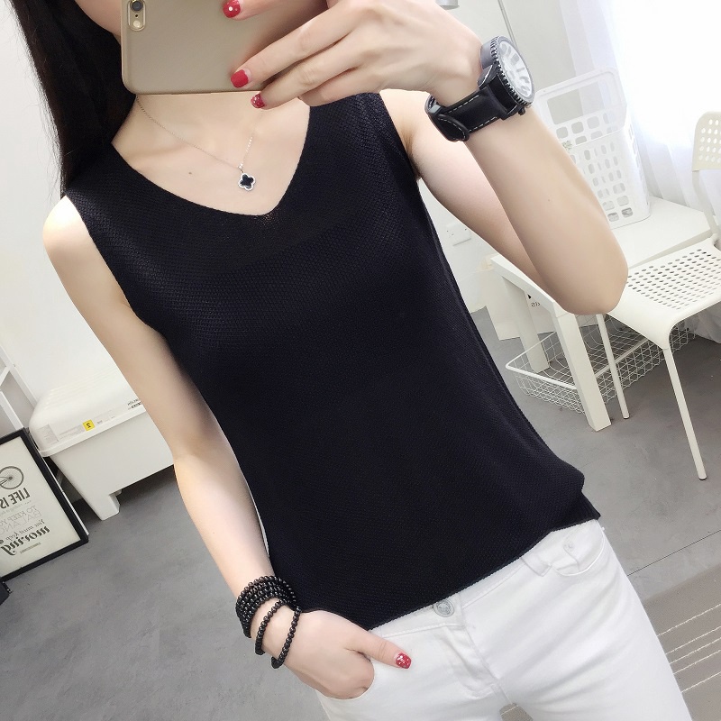 Áo dệt kim sát nách cổ chữ V dáng rộng màu trơn đơn giản trẻ trung cho bạn gái