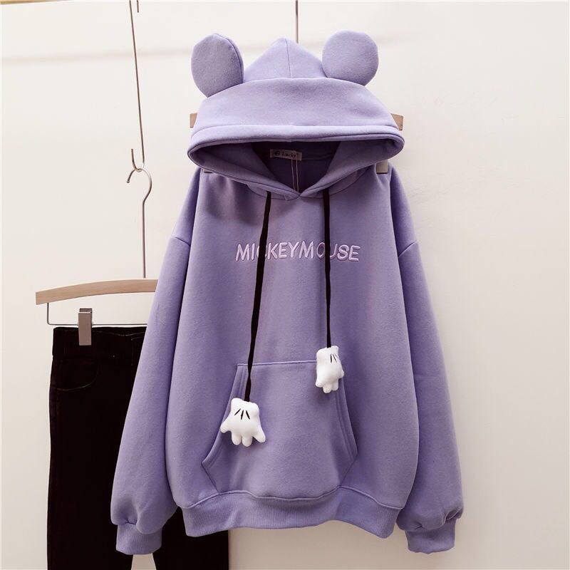 Áo Hoodie Nỉ Dày Dáng Rộng In Hình Tai Gấu Dễ Thương Thời Trang Năm 2021