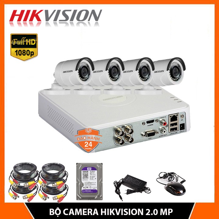 [FreeShip]Trọn Bộ Camera Hikvision 2MP FHD 1080P,Hàng chính hãng [Bộ 1-4 2MPX] , HDD 500GB, đầy đủ phụ kiện