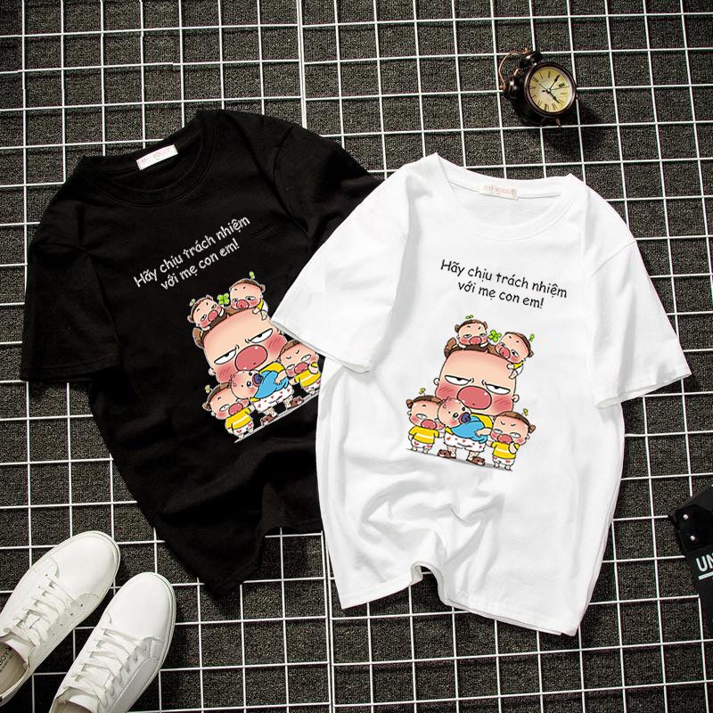 Áo thun unisex form rộng hoạt hình dễ thương vải dày mịn 2019T1411