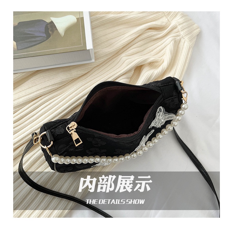 Túi Đeo JASMIN NOIR Vai Nắp Gập Vải Canvas Đính Ngọc Trai Nhỏ Nhắn Dành Cho Bạn Nữ