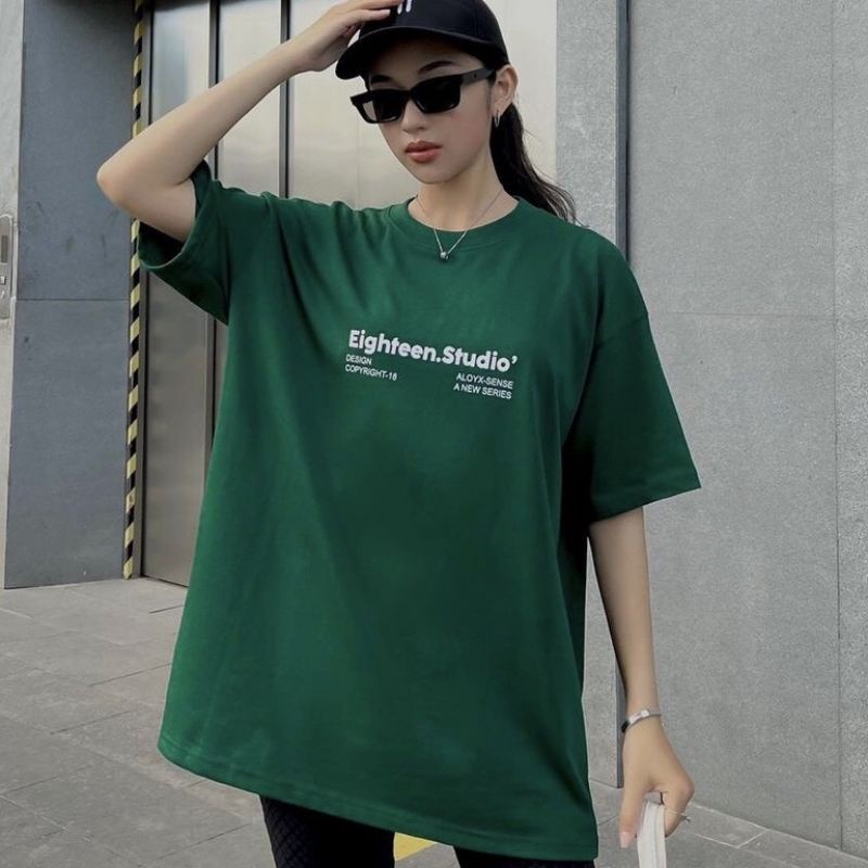 Áo thun tay lỡ EIGHTEEN Studio xanh lá BIGOMALL - Áo phông nam nữ unisex Freesize Form Rộng 65kg