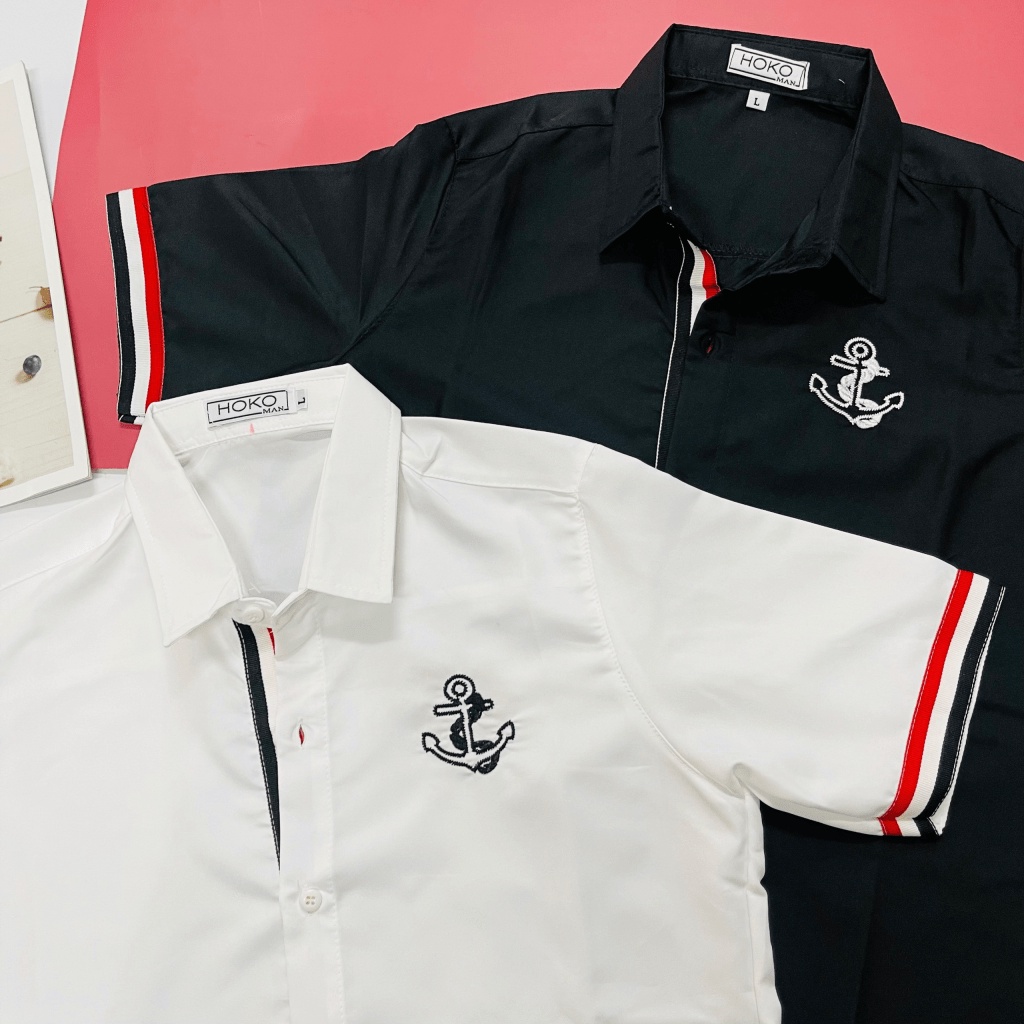 Áo Sơ Mi Nam Tay Ngắn Logo Thêu Mỏ Neo Phối Sọc Đỏ Đen Thiết Kế Tinh Tế Sang Trọng [NEW UNISEX]