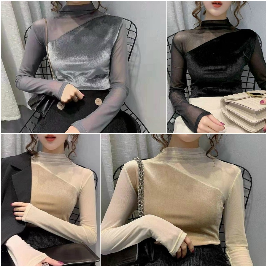 Áo thun giữ nhiệt cổ 3 phân chất nhung thiết kế kiểu vai lệch Áo nhung tay phối voan