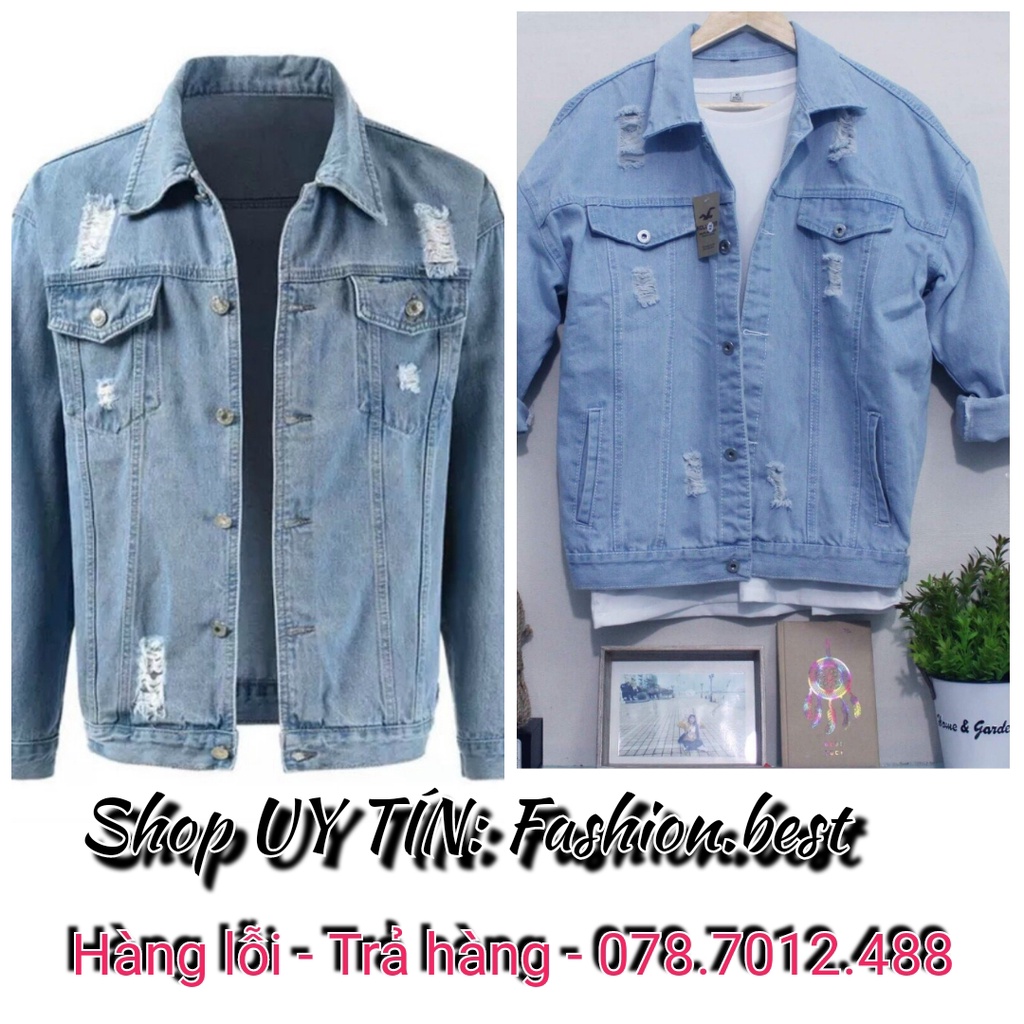 Áo Khoác Nữ Jean UNISEX Form rộng Nam Nữ Màu Xanh rách vai - Áo khoác bò nữ form rộng suông fashion best