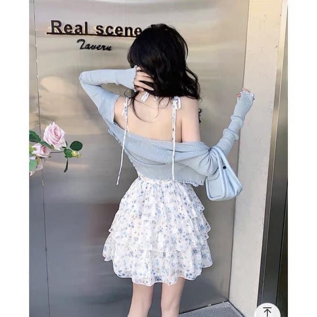 Sét đầm 2 dây hoa nhí xanh dáng xòe xếp tầng kèm áo khoác cardigan croptop dài tay chất lụa mềm thời trang hàn quốc