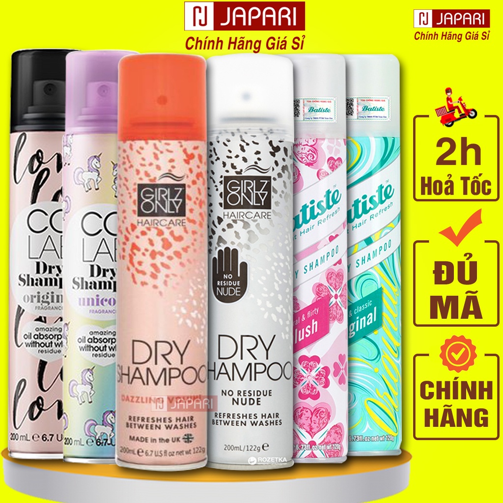 Dầu Gội Khô Girlz Only Colab Batiste 200ml/ Mini CHÍNH HÃNG UK - Xịt Gội Khô Phồng Tóc Girlz Only Dry Shampoo JAPARI