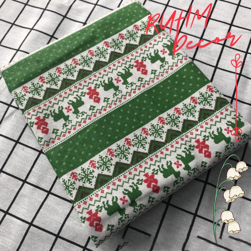 Vải bố thô canvas trải bàn giá rẻ họa tiết Noel xanh V-C01