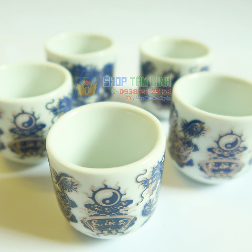 Chén thờ gốm sứ Bát Tràng màu xanh kim vẽ rồng chầu Phúc Lộc Thọ  shoptamlinh