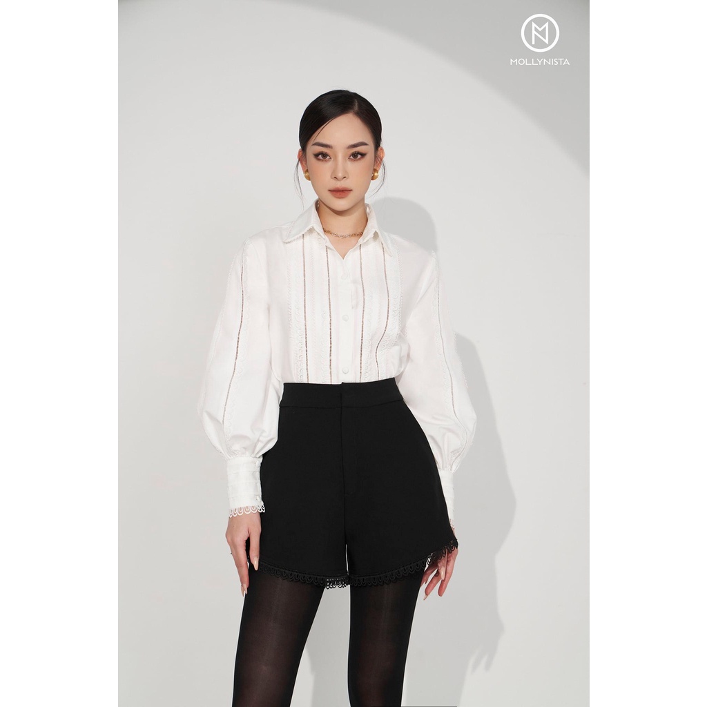 MOLLYNISTA - Áo sơ mi Elia trắng phối đăng ren dọc thân quyến rũ nữ tính thiết kế cao cấp đi chơi đi tiệc gợi cảm