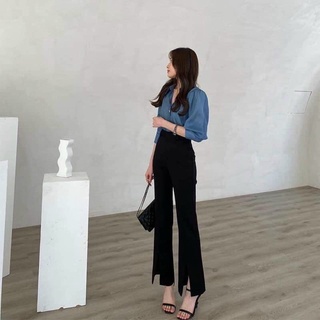 (XẢ KHO NGHỈ BÁN)Quần tây đen ống loe kiểu xẻ trước dài 96cm