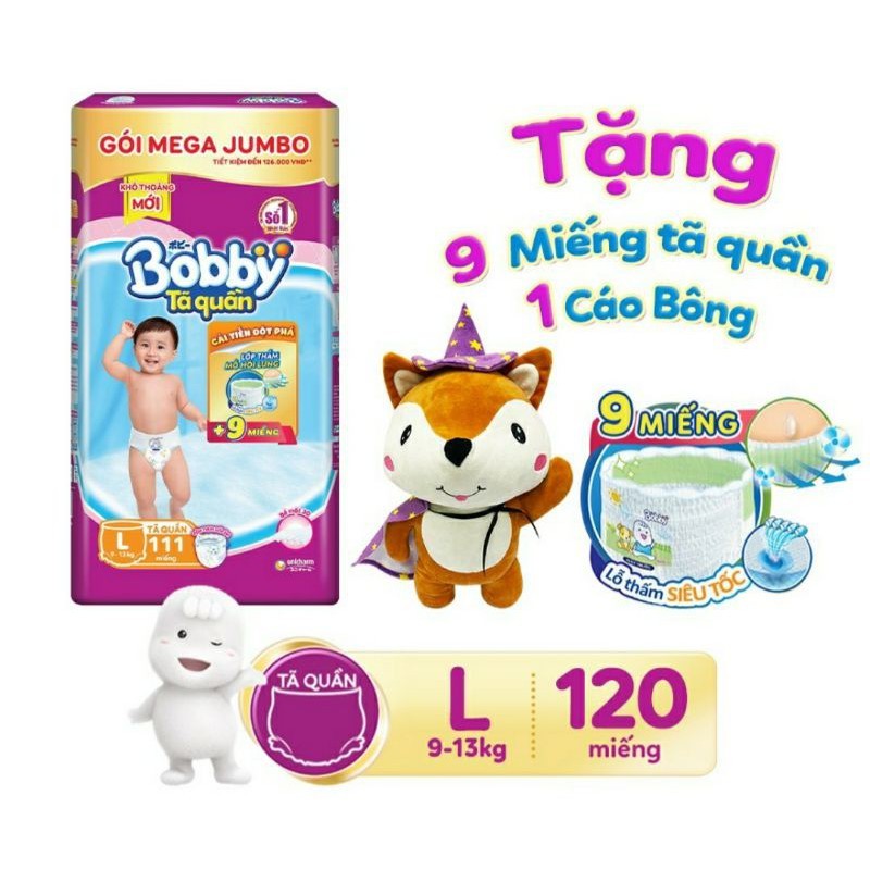 Tã quần bobby siêu thoáng bịch mega jumbo M120/L111/XL102/XXL93 miếng