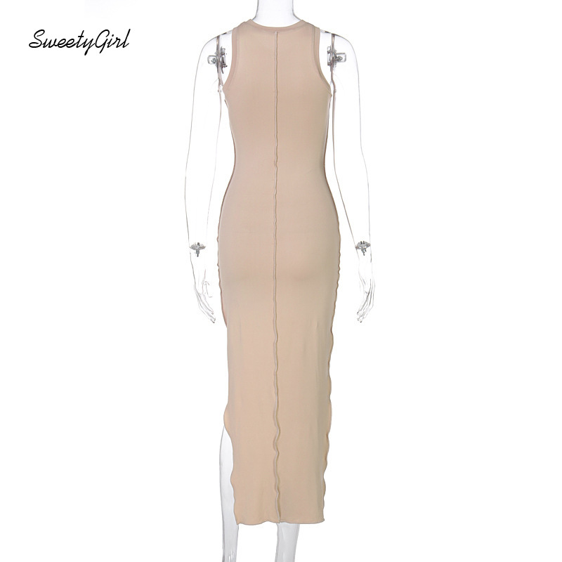 Đầm ôm sát nách cổ tròn màu trơn thiết kế độc đáo cá tính