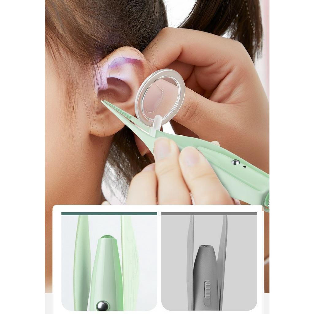 Bộ ráy tai lấy mũi có đèn  xài pin sạc  8 món full box  -  Bộ dụng cụ lấy ráy tai + nhíp có đèn led