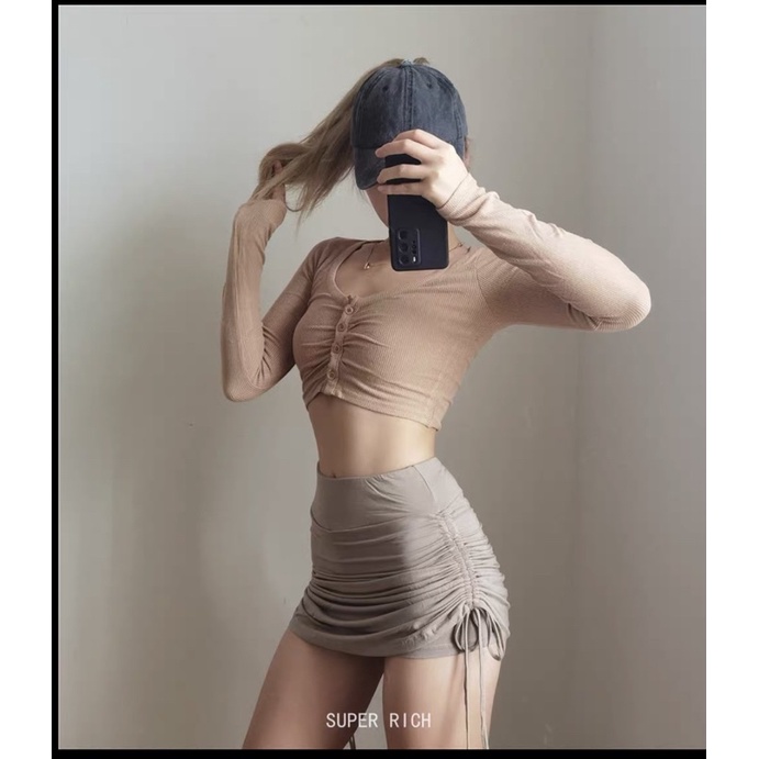 Áo Croptop Tay Dài Chất Thun Gân Co Dãn