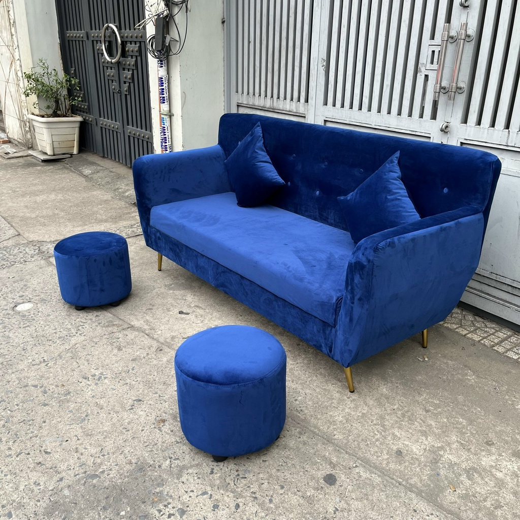 Bộ Sofa Phòng Khách Giá Rẻ Gỗ Xanh - Sofa Vải Nhung Màu Xanh Dương Mềm Mại