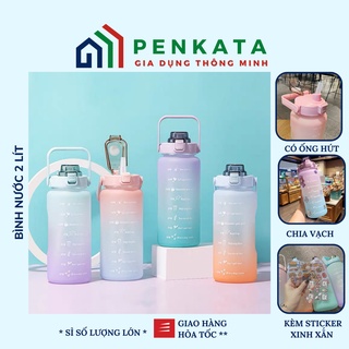 Bình nước 2 lít, bình đựng nước 2L chia vạch nhắc nhở giờ uống có ống hút tiện lợi PENKATA