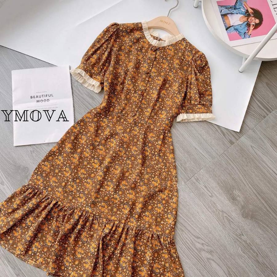 Váy hoa nhí chữ a đầm hoa nhí đẹp phối cổ bèo Thời trang YMOVA