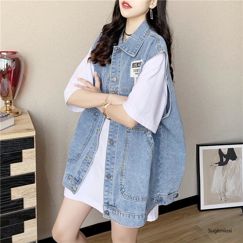 Hàng Mới Về Mới Áo Khoác Denim Không Tay Dáng Rộng Có Túi Dành Cho Nữ Dưới 150Kg