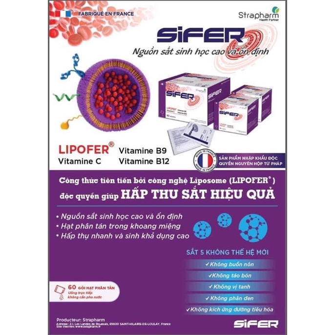 ✅  SIFER (Sideral Folic)- Bổ sung sắt hộp 60 gói Pháp