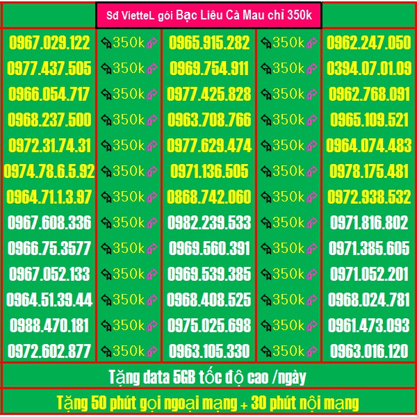 Sim Đẹp Viettel GIÁ 350k GÓI BẠC LIÊU CÀ MAU Miễn phí GỌI + Data tốc độ cao ( xem chi tiết Sp)