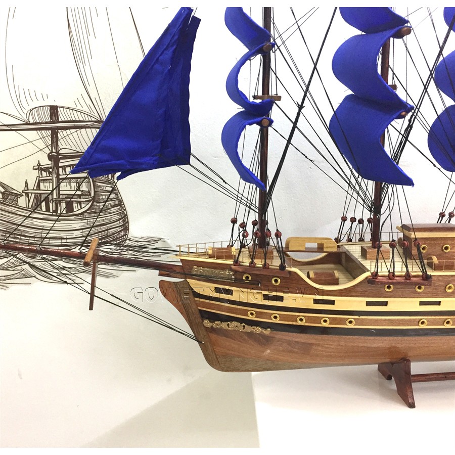 Mô hình thuyền gỗ thuyền trang trí tàu chở hàng France II - Thân dài 60cm - Buồm vải đỏ - Gỗ tràm bông vàng tự nhiên | BigBuy360 - bigbuy360.vn