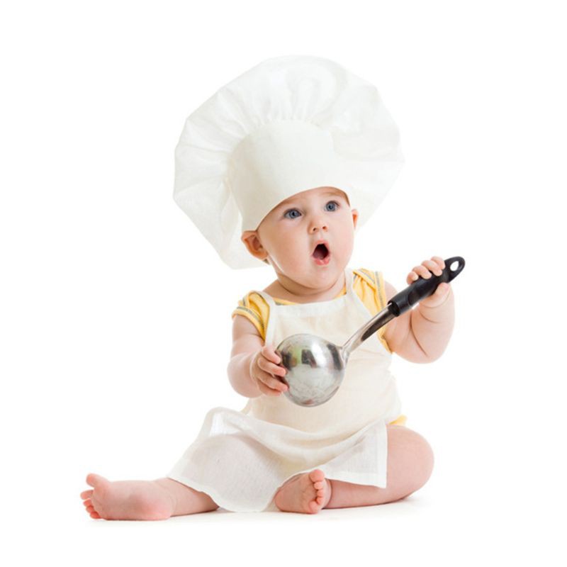 Mary☆2Pcs Cute Baby Chef Apron and Hat Infant Kid White Cook Costume Photography Prop