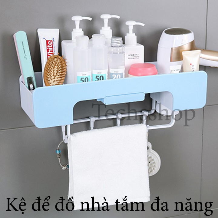 Kệ Nhà Tắm Để Đồ Có Khe Để Điện Thoại Kèm Giá Thanh Treo Khăn Và 4 Móc Treo - Kệ Để Máy Xấy Tóc Renai Ra 816