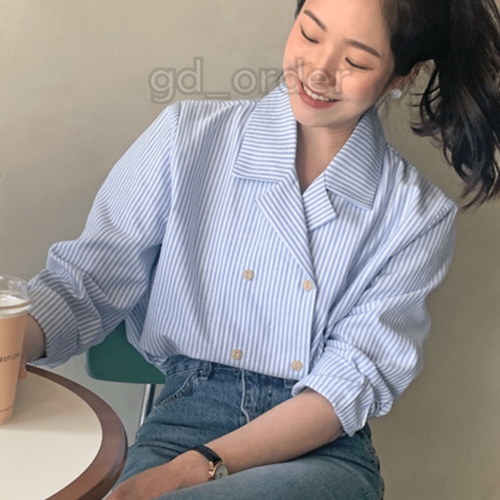 A39|Áo sơ mi công sở hàn quốc nữ kẻ sọc dài tay đơn giản, đẹp màu xanh gd_order