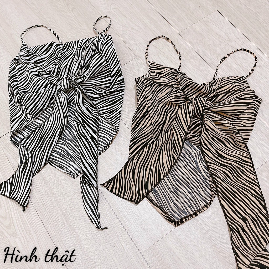 Áo yếm cổ đổ họa tiết ngựa vằn cột nơ lưng may kèm mod ngực cho nữ dưới 55kg chất phi bóng lụa cao cấp-C37