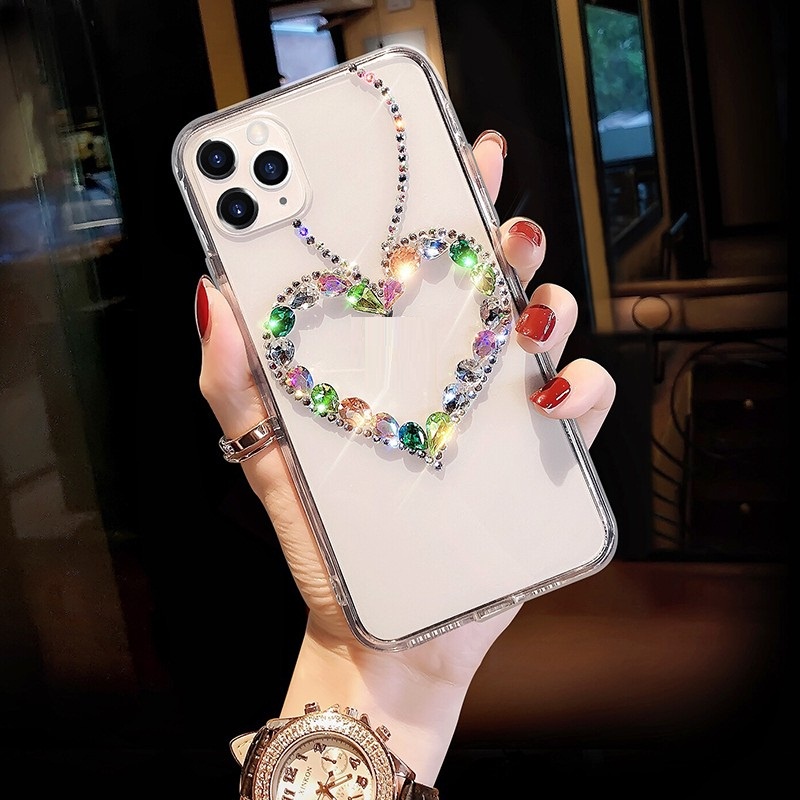 Ốp Điện Thoại Trong Suốt Họa Tiết Trái Tim Đính Đá Cho iPhone 13 Pro Max 11 12 Pro X XR XS Max SE 2020 6 7 8 Plus