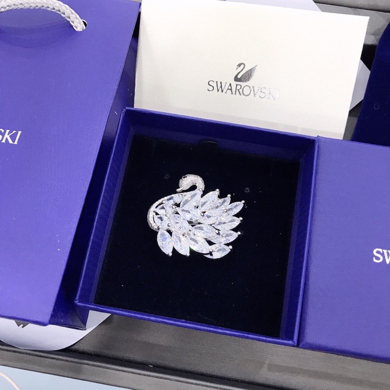 ▲✗SWAROVSKI Trâm Cài Áo Mạ Bạc S925 Hình Thiên Nga Đính Đá Zircon Sang Trọng