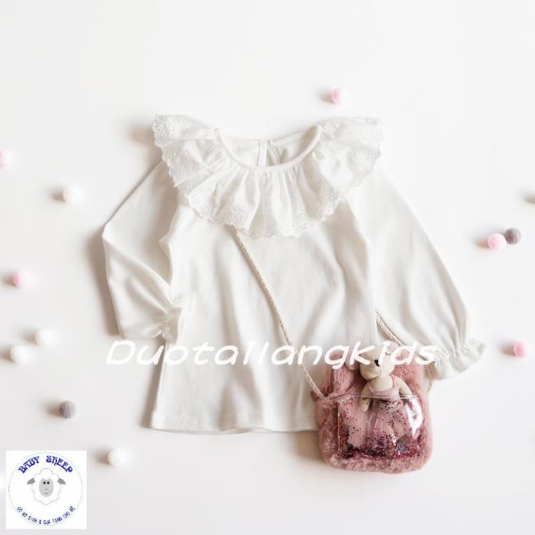 Áo trắng cổ bèo tiểu thư tay nhún bèo mặc kèm áo cardigan và yếm len Baby Sheep cho bé gái-cotton mềm mịn cao cấp