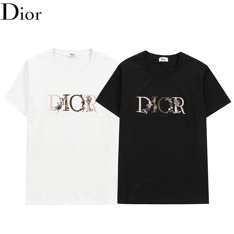 DIOR Ngôi sao Mùa hè Mới Tiếng Anh Màu hoa Chữ D Thêu R Áo tay ngắn Nam và Nữ Thời trang T