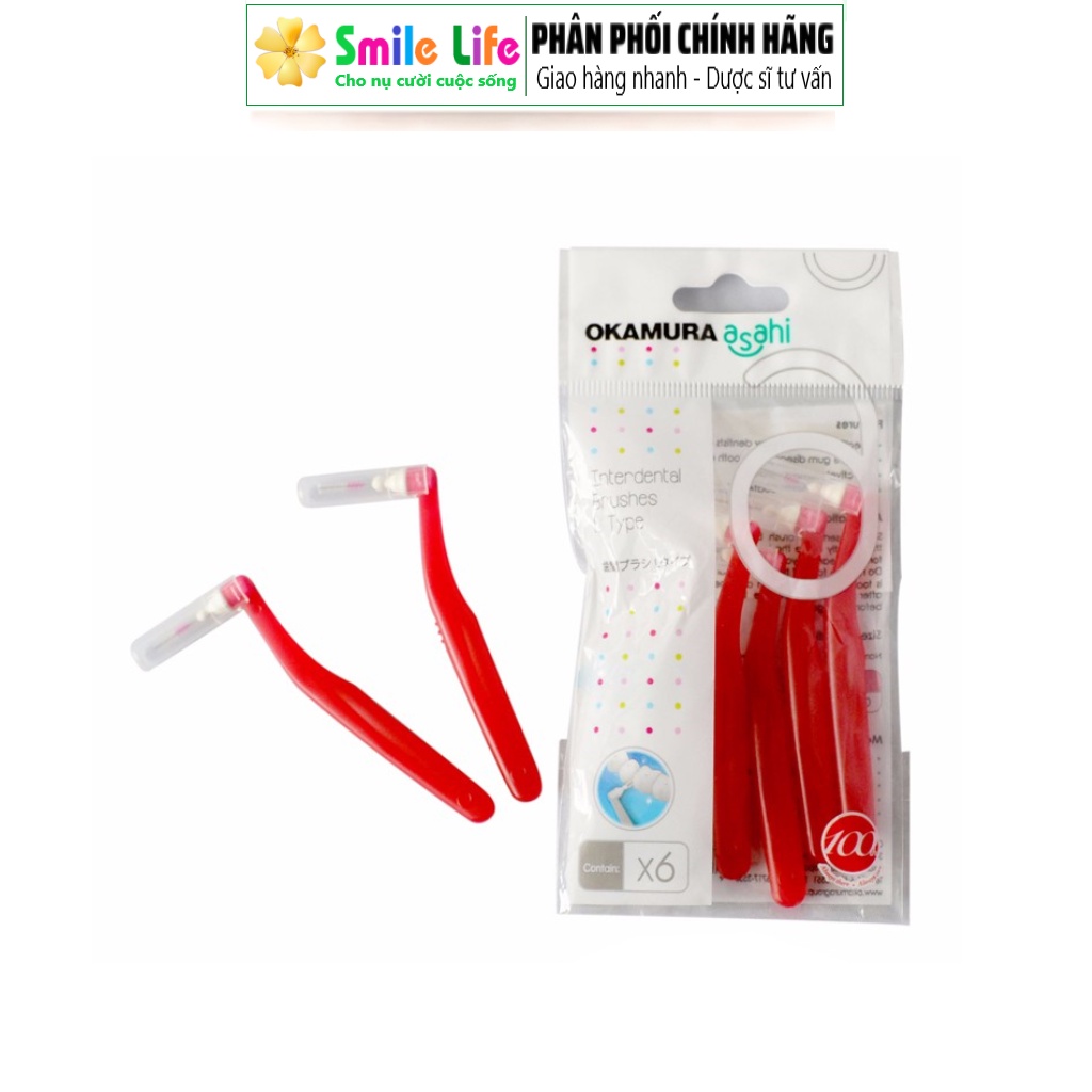 SMILE LIFE | 1 Gói Bàn Chải Kẽ Răng Dạng L Okamura Asahi - 6 Cây Size SSS - Cho Người Niềng Răng Chỉnh Nha