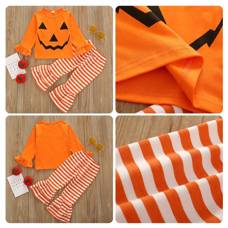 Set Áo Tay Dài + Quần Dài Phong Cách Bí Ngô Halloween Cho Bé Gái