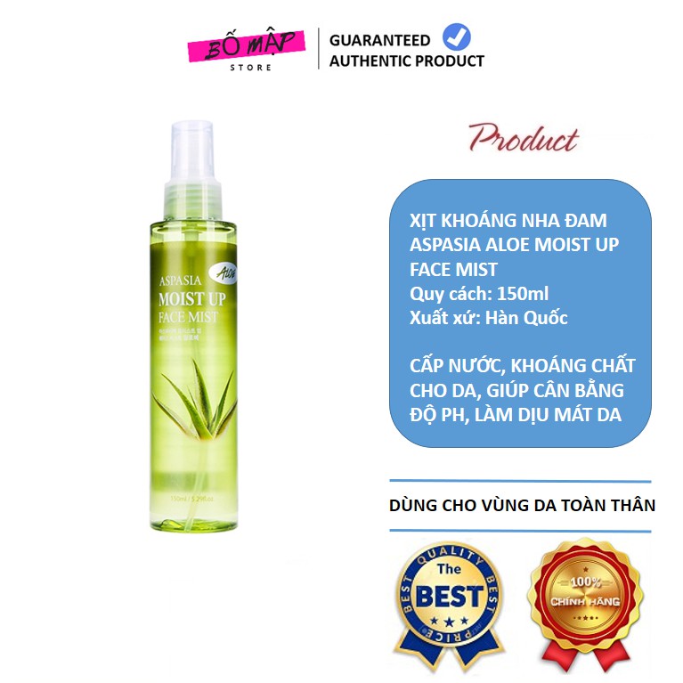[SALE] [CAM KẾT 100% CHÍNH HÃNG] Xịt khoáng NHA ĐAM ASPASIA ALOE MOIST UP FACE MIST Hàn Quốc 150ml - trắng da, cấp ẩm